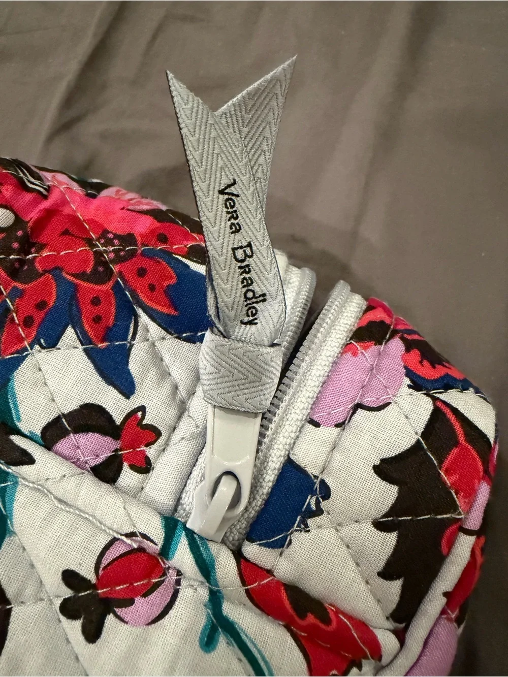 Vera Bradley Gray Quilted Cosmetic Pouch with Pink, Red & Blue Floral Print